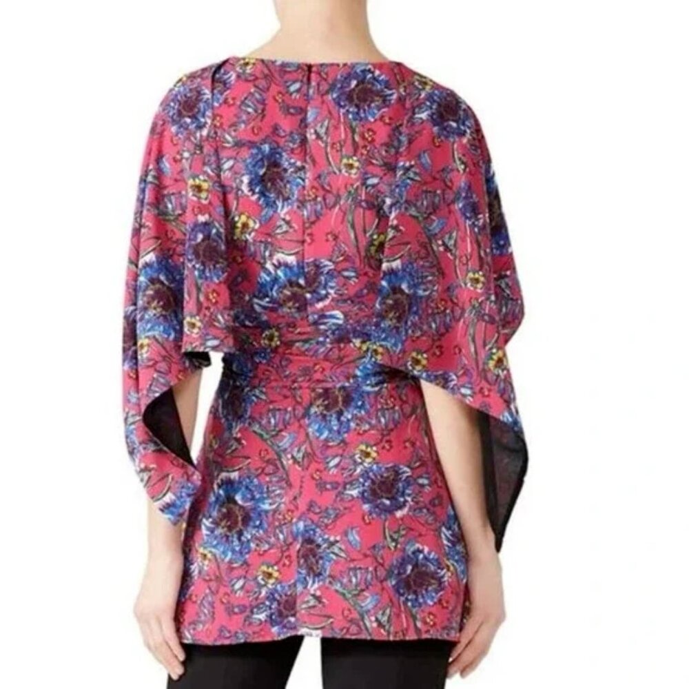 PRABAL GURUNG Collective Pink Floral Cape-Sleeve Tunic Blouse Belted - Size 6 - Picture 2 of 11